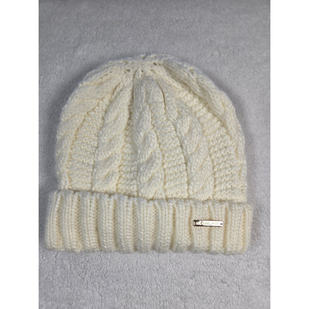 Michael Kors Cream Cable Knit Beanie Gold Logo Fleece Lined Winter Hat Preppy